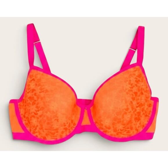 Cacique Other - Cacique Unlined Demi Bra 40DDD Orange Pink Floral Lace Underwire Sexy Feminine